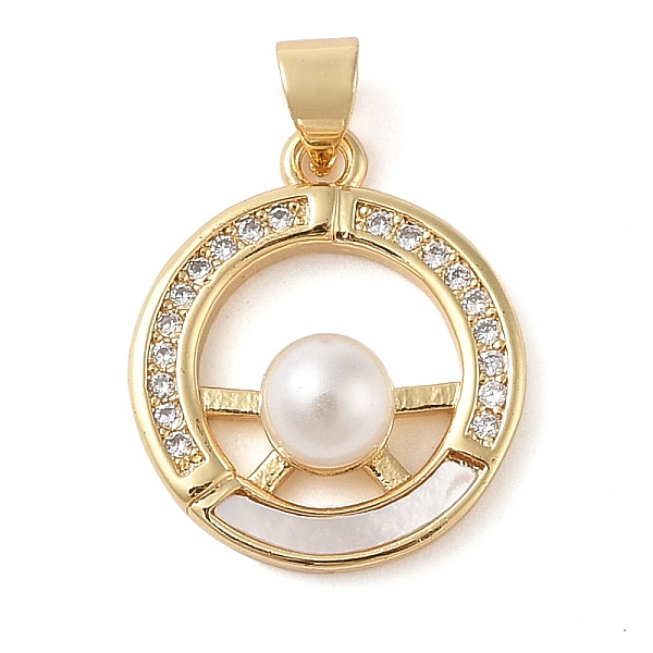 

PandaHall Brass & Shell & Clear Cubic Zirconia Pendants, with ABS Plastic Pearl, Ring, Real 18K Gold Plated, 20x17x7mm, Hole: 3.5x4mm...