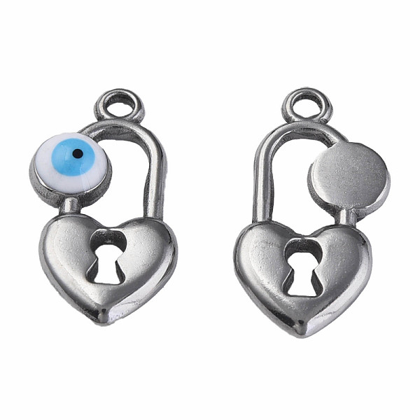 

PandaHall 304 Stainless Steel Enamel Pendants, Heart Padlock with Evil Eye, Stainless Steel Color, White, 20x11x3mm, Hole: 1.8mm Stainless...