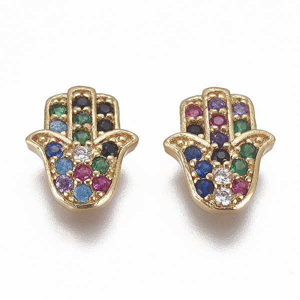 

PandaHall Brass Micro Pave Cubic Zirconia Cabochons, Hamsa Hand/Hand of Fatima/Hand of Miriam, Golden, Colorful, 10x8x2.5mm, Pin: 0.8mm...