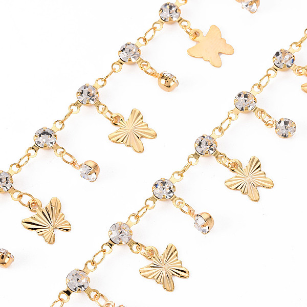 

PandaHall Handmade Brass Beaded Chains, with Cubic Zirconia, Soldered, Spool, Butterfly, Real 18K Gold Plated, 3.5x2.7x0.3mm and 9x6.5x3mm..., Clear