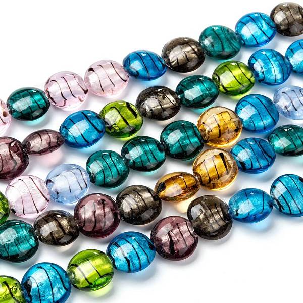 

PandaHall Handmade Silver Foil Glass Beads Strands, Flat Round, Mixed Color, about 20mm in diameter, 10mm thick, hole:2.5mm, about..., Multicolor