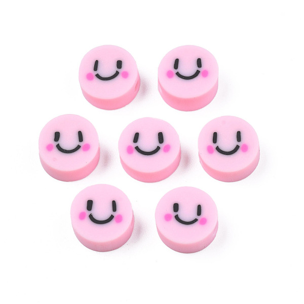 

PandaHall Handmade Polymer Clay Beads, Flat Round with Expression, Pearl Pink, 9~10x4~5mm, Hole: 1.6mm Polymer Clay Flat Round