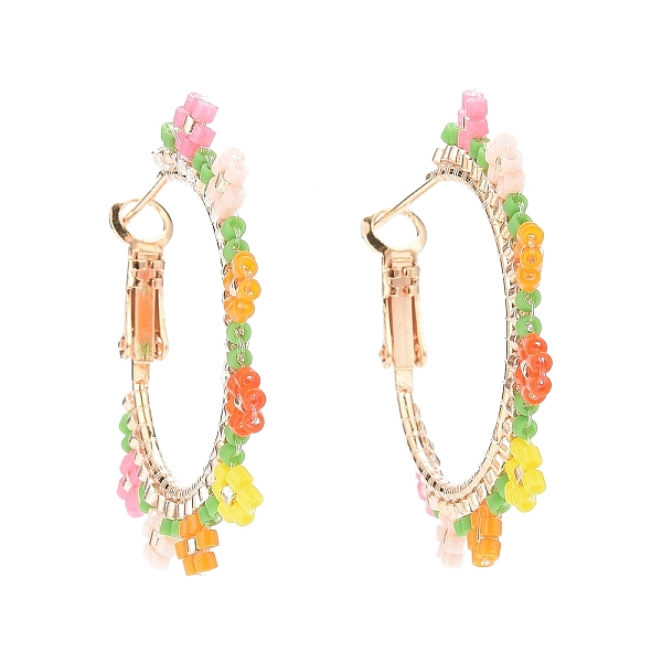 

PandaHall Brass Hoop Earrings, with Colorful Handmade Japanese Seed Beads, Flower, Golden, 35.5x35.5x5.5mm, Pin: 0.6mm Brass Flower