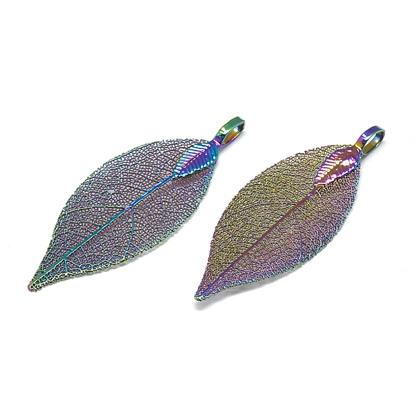 

PandaHall Iron Big Pendants, Electroplate Natural Leaf, Leaf, Multi-color Plated, 52~53x19~20x1.5mm, Hole: 3x5.5mm Iron Leaf