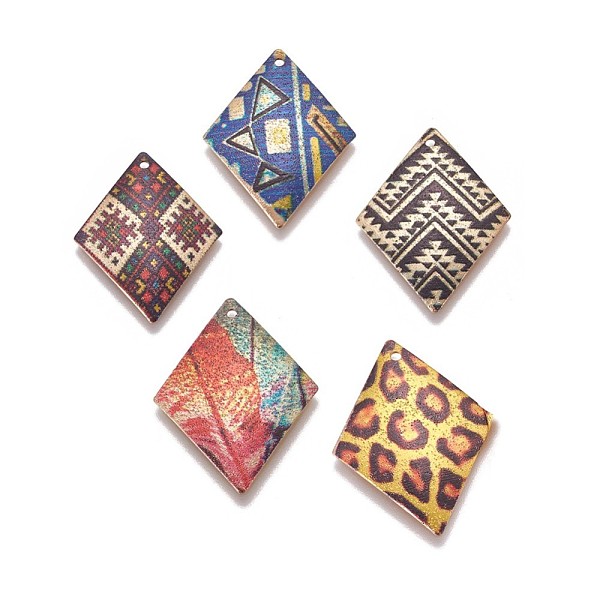 

PandaHall Printed Iron Pendants, Rhombus, Light Gold, Mixed Color, 29x22x0.7mm, Hole: 1.2mm Iron Rhombus Multicolor