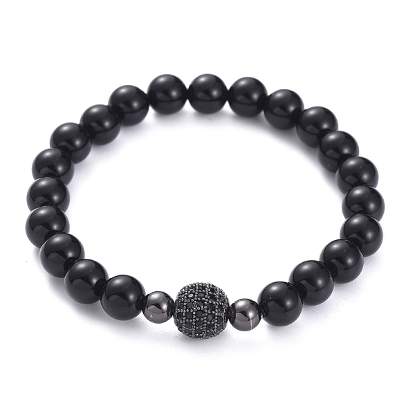 PandaHall Stretch Bracelets, with Natural Black Agate(Dyed) Beads, Brass Cubic Zirconia Beads, Brass Spacer Beads and Elastic Crystal Thread...