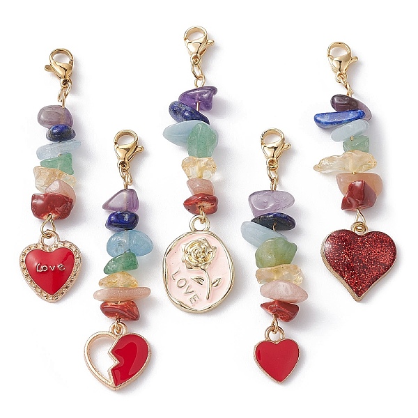 

PandaHall Chakra Gemstone Chip Pendant Decoration, with Heart/Oval Alloy Enamel Pendant and 304 Stainless Steel Lobster Claw Clasps..., Multicolor
