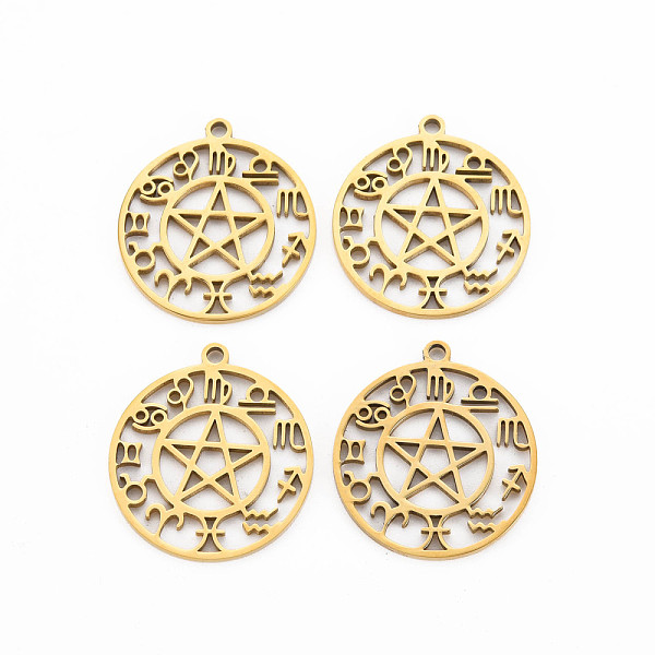 

PandaHall 201 Stainless Steel Hollow Pendants, Flat Round with Star & 12 Constellations, Real 18K Gold Plated, 28x25x1.5mm, Hole: 2mm 201...