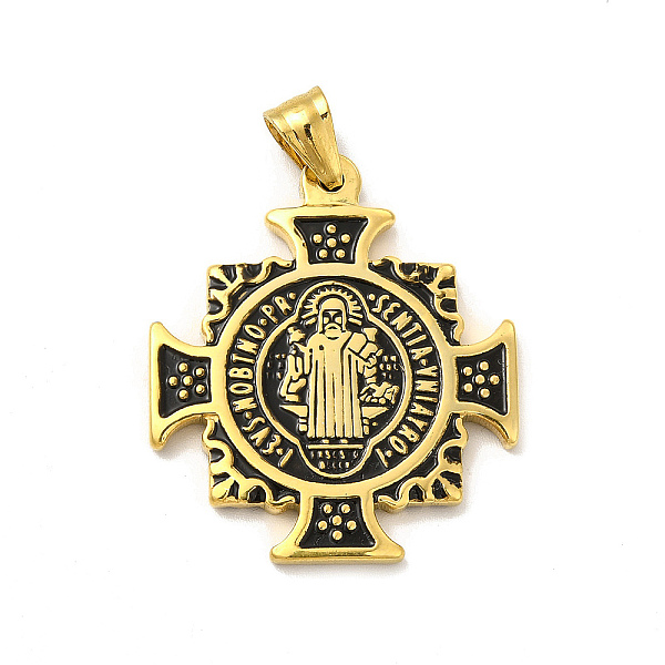 

PandaHall Ion Plating(IP) 304 Stainless Steel Religion Pendants, Saint Benedict of Nursia Maltese Cross Charms, with Black Enamel, Golden...
