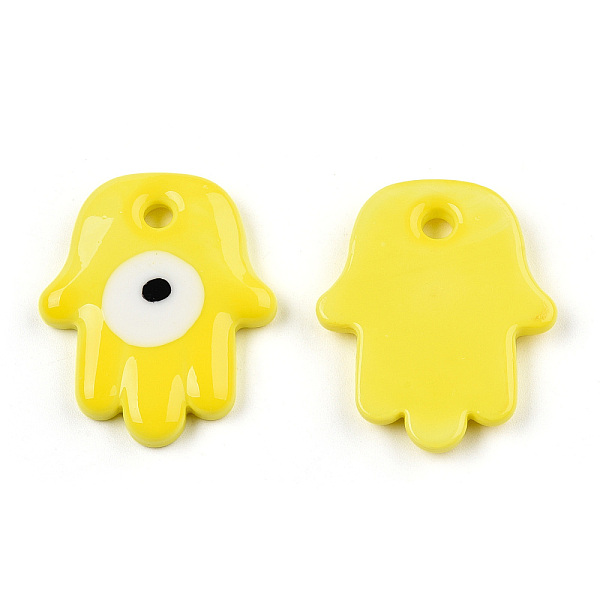 

PandaHall Opaque Handmade Lampwork Pendants, Hamsa Hand with Evil Eye, Yellow, 35x29x4.5~5.5mm, Hole: 4mm Lampwork Palm Yellow