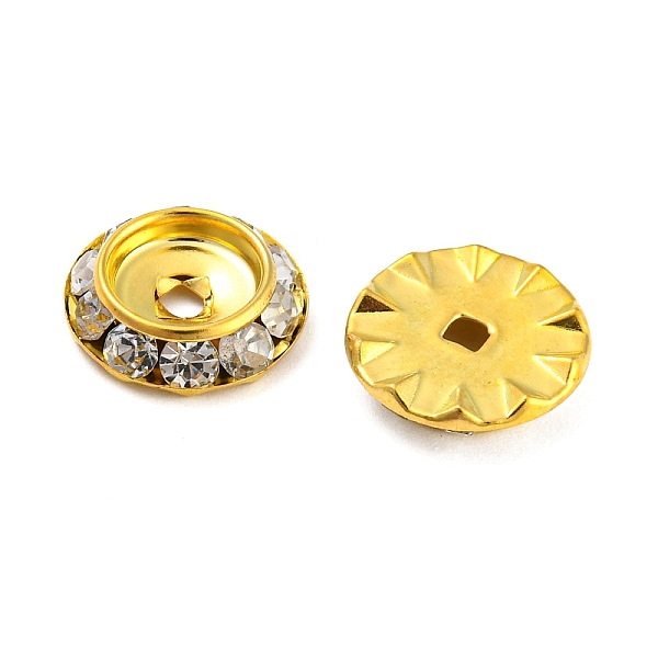 

PandaHall Brass Crystal Rhinestone Beads, Flat Round, Golden, 13x3~3.5mm, Hole: 1.6~2mm Brass+Rhinestone Flat Round Clear