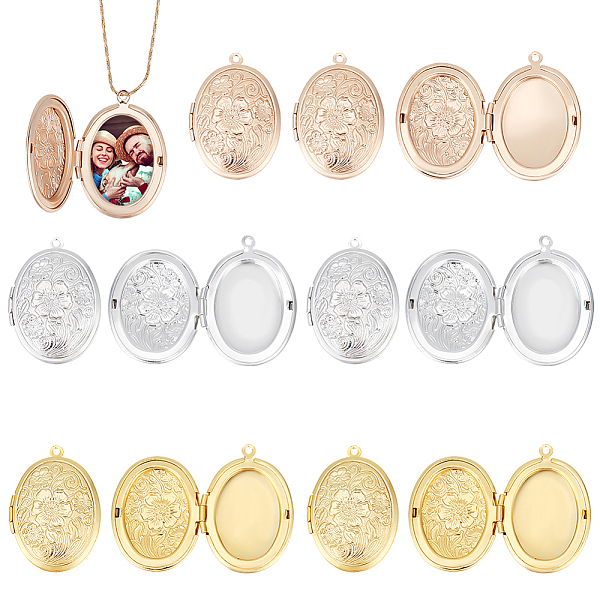 

PandaHall 12Pcs 3 Colors Brass Locket Pendants, Photo Frame Charms, Oval with Flower Charm, Mixed Color, 33.5x24x7mm, Hole: 1.6mm, Inner...