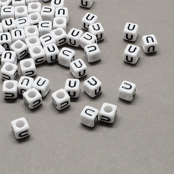 

PandaHall Large Hole Acrylic Letter European Beads, Horizontal Hole, White & Black, Cube with Letter.U, 6x6x6mm, Hole: 4mm, about...