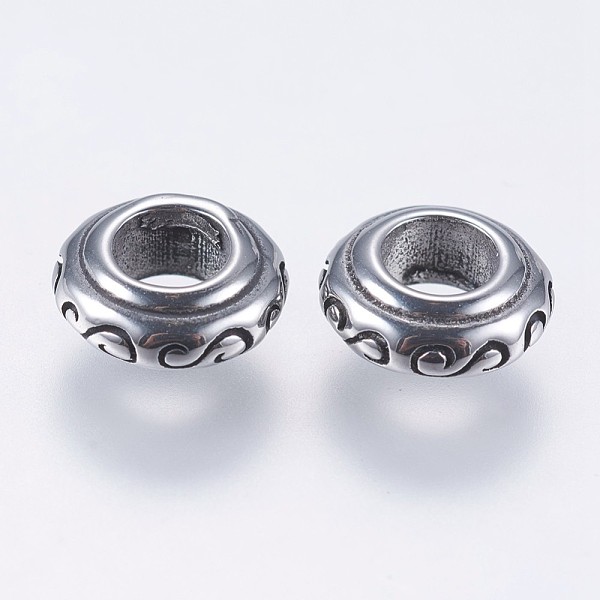 

PandaHall 304 Stainless Steel European Beads, Large Hole Beads, Rondelle with Floral Pattern, Antique Silver, 9x3.5mm, Hole: 4mm 304...