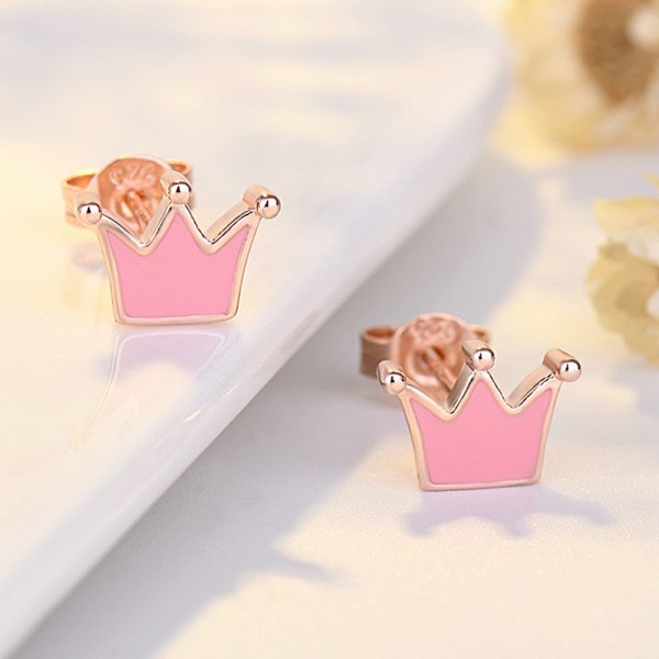 PandaHall Brass Stud Earrings, with Enamel, Crown, Pink, Rose Gold Brass Crown Pink