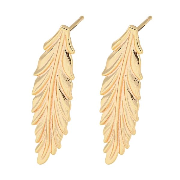 

PandaHall Brass Stud Earrings, Feather, Real 18K Gold Plated, 33x8mm Brass Feather