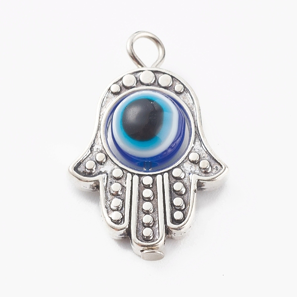 

PandaHall Alloy Pendants, with Resin Beads, Hamsa Hand with Evil Eye, Antique Silver, Royal Blue, 25x17x7.5mm, Hole: 2.5mm Alloy Palm