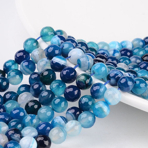 

PandaHall Natural Striped Agate/Banded Agate Beads, Dyed, Faceted, Round, Blue, Size: about 8mm in diameter, hole: 1mm, 43pcs/strand, 15.5...