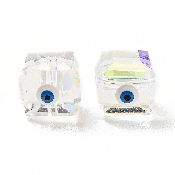 

PandaHall Transparent Glass Beads, with Enamel, Faceted, Cube with Evil Eye Pattern, White, 10~11x9x10mm, Hole: 1.6mm Glass Cube White