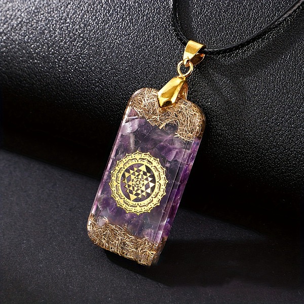 

PandaHall Resin with Natural Amethyst Chips Inside Rectangle Pendant Necklace, Chakra Theme Necklace, 19.69 inch(50cm) Amethyst Rectangle