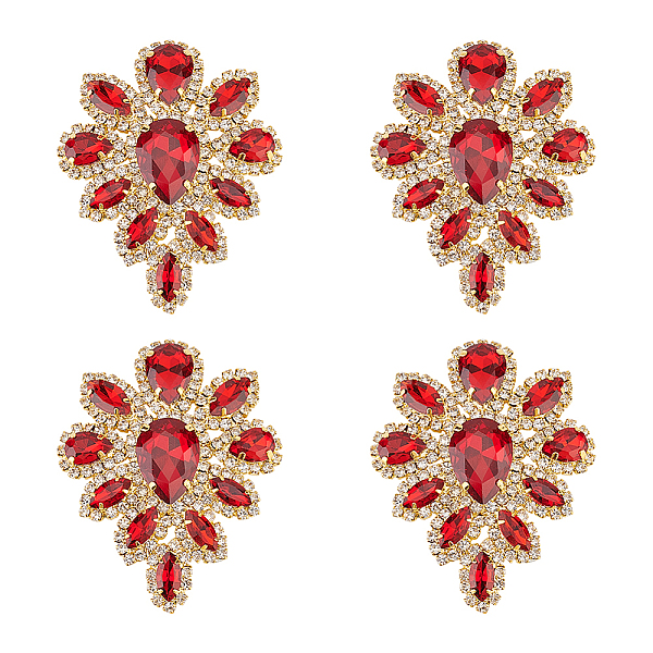 PandaHall Teardrop Shape Alloy Rhinestone Appliques, for DIY Bridal Dress, Shoes, Siam, 57x45mm, 4pcs/box Rhinestone Teardrop Red