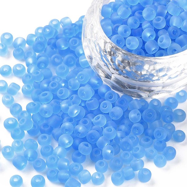 

PandaHall Glass Seed Beads, Frosted Colors, Round, Sky Blue, 4mm, Hole: 1~1.5mm, about 1000pcs/100g Glass