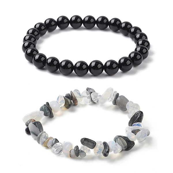 

PandaHall 2Pcs 2 Style Opalite Chip & Natural Tiger Eye & Natural Black Onyx Beaded Stretch Bracelets Set, Stackable Bracelets, Black, Inner...