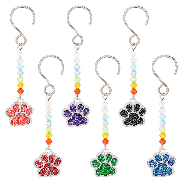 

PandaHall 12Pcs 6 Colors Alloy Enamel Dog Paw Print Pendant Decorations, with Glass Beads and Stainless Steel S-Hook Clasps, Mixed Color..., Multicolor