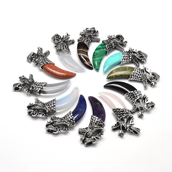 

PandaHall Tusk Shape with Dragon Antique Silver Zinc Alloy Natural & Synthetic Mixed Stone Big Pendants, Lead Free & Nickel Free...