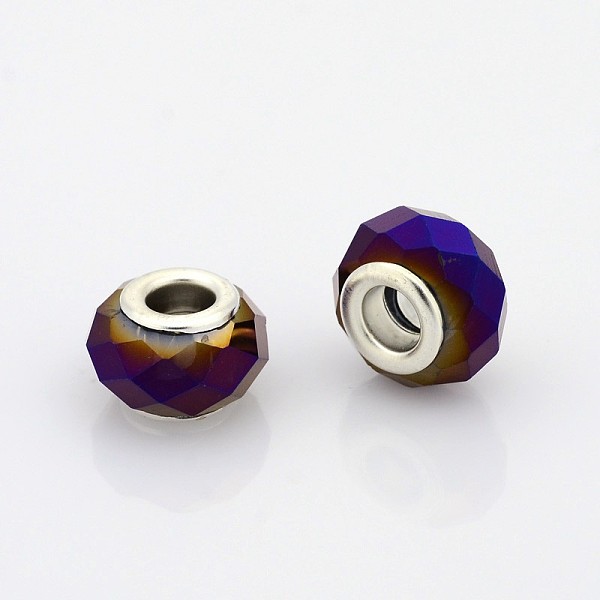 

PandaHall Faceted Glass European Beads, Large Hole Rondelle Beads, with Silver Color Plated Brass Cores, Full Purple Plated, 14x9mm, Hole..., Blue