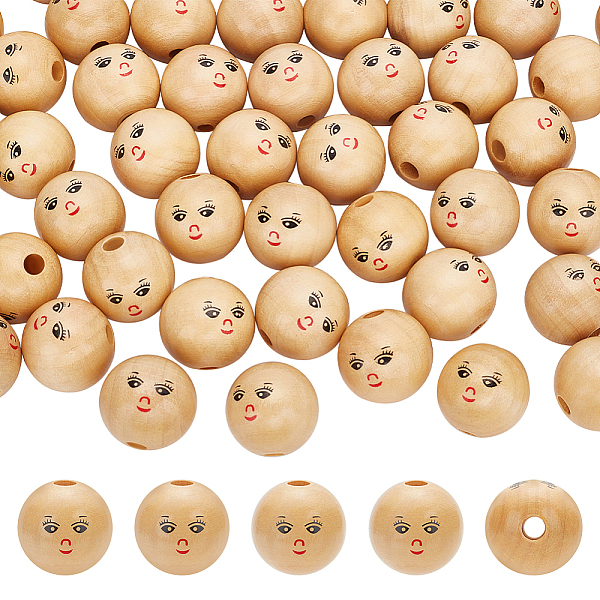 

PandaHall FINGERINSPIRE 100Pcs Smiling Face Painted Wooden Beads 14.5mm Burlywood Color Smile face Wood Spacer Beads European Style Round..., Orange