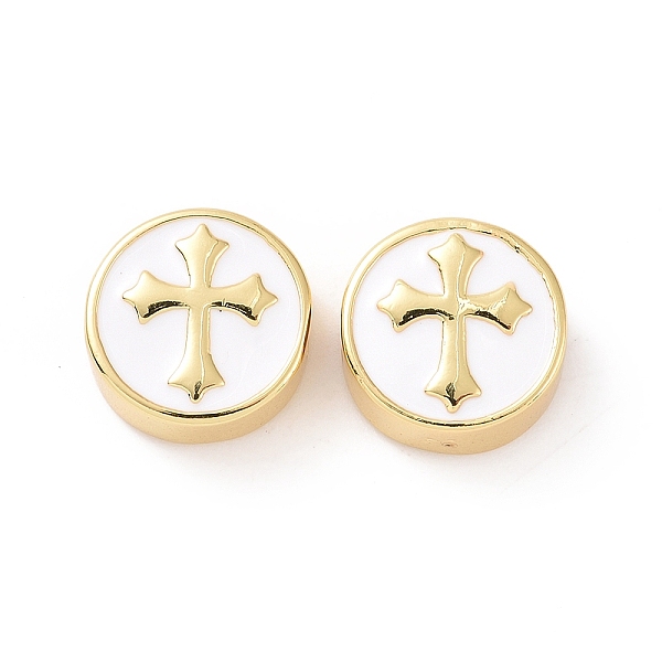 

PandaHall Brass Enamel Beads, Cadmium Free & Lead Free, Long-Lasting Plated, Flat Round with Cross, Real 18K Gold Plated, White, 12x5.5mm...