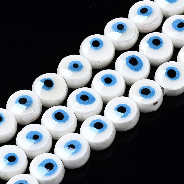 

PandaHall Handmade Porcelain Ceramic Beads Strands, Bright Glazed Porcelain, Flat Round with Evil Eye, White, 8x5mm, Hole: 1.5mm, about...