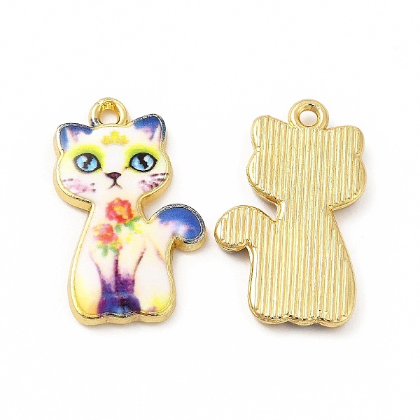 

PandaHall Rack Plating Alloy Pendants, Printed, Lead Free & Cadmium Free & Nickel Free, Cat Charm, Light Gold, Floral White, 23x14x2mm, Hole...