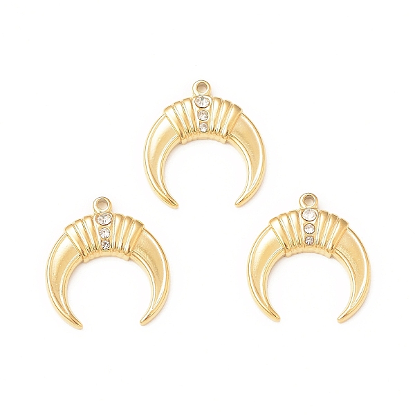

PandaHall 304 Stainless Steel Rhinestone Pendants, Double Horn/Crescent Moon Charm, Real 18K Gold Plated, 16.5x15x2.5mm, Hole: 1.2mm..., Clear