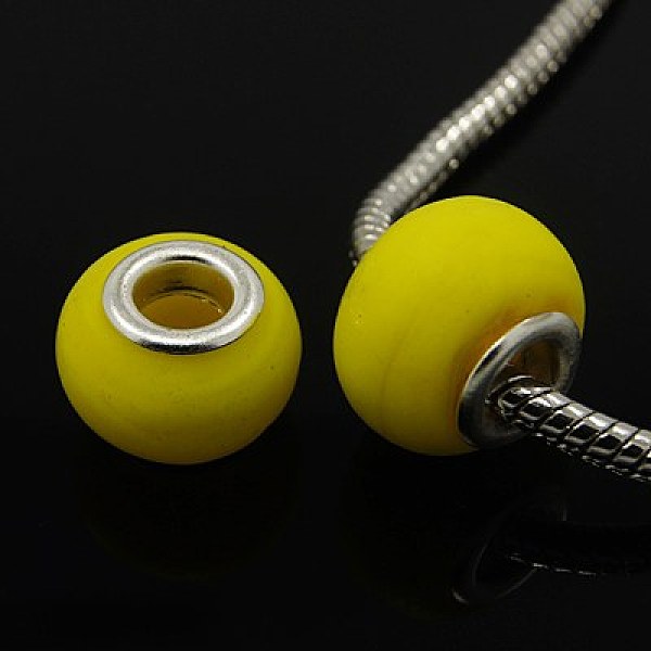 PandaHall Handmade Lampwork European Beads, with Silver Plated Brass Core, Rondelle, Milk Yellow, about 14mm wide, 10mm long, ho