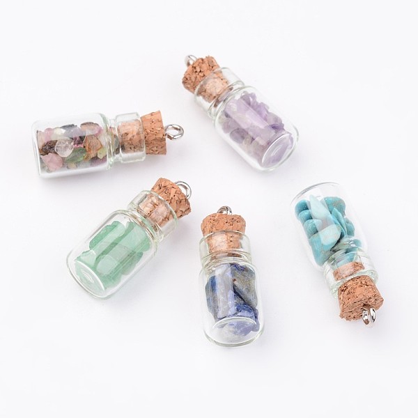 

PandaHall Glass Bottle Pendants, with Natural & Synthetic Gemstone Chip Beads and Iron Findings, Platinum, Mixed Color, 25x10mm, Hole: 1.5mm..., Multicolor