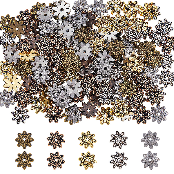 

PandaHall DICOSMETIC 300Pcs 5 Colors 8-Petal Tibetan Style Alloy Flower Bead Caps, Mixed Color, 14x3.5mm, Hole: 2mm, 60pcs/color Alloy