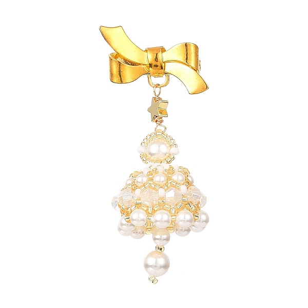 

PandaHall Shell Pearl Beaded Bell Pendant Brooch, Brass Bowknot Brooches for Women, Seashell Color, 55x25x11mm Shell Bowknot