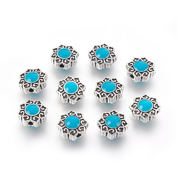 

PandaHall Alloy Beads, with Resin, Flower, Antique Silver, Deep Sky Blue, 11x5~5.5mm, Hole: 1.6mm Alloy Flower Blue