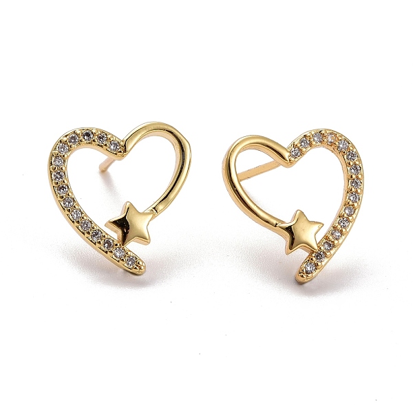 Heart & Star Brass Micro Pave Clear Cubic Zirconia Ear Studs