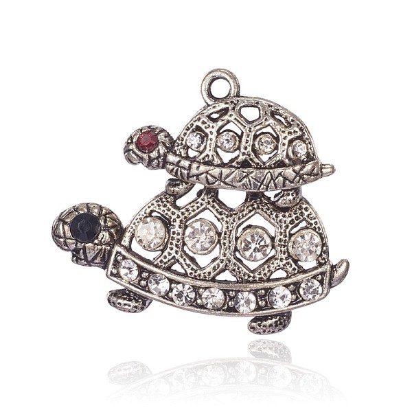 

PandaHall Tibetan Style Alloy Rhinestone Pendants, Tortoise, Antique Silver, Crystal, 42x38x3mm, Hole: 2mm Alloy+Rhinestone Tortoise Clear