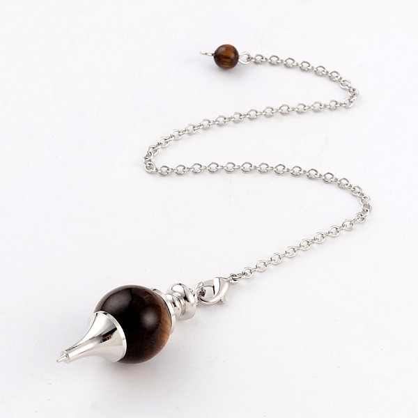 

PandaHall Natural Tiger Eye Sphere Dowsing Pendulums, with Platinum Tone Brass Cross Chain & Lobster Claw Clasps, 225~240mm Tiger Eye Round