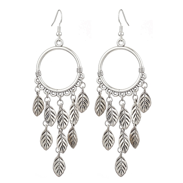 

PandaHall Alloy Ring Chandelier Earrings, Brass Leaf Tassel Earrings, Antique Silver, 98x30mm Alloy Leaf