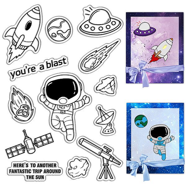 

PandaHall CRASPIRE Spaceship Clear Rubber Stamps Astronauts Rocket Space Telescope Word Transparent Postmark Silicone Seals Stamp Photo...