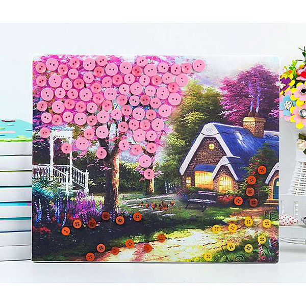 PandaHall Creative DIY Tree & House Pattern Resin Button Art, with Canvas Painting Paper and Wood Frame, Educational Craft Painting Sticky...