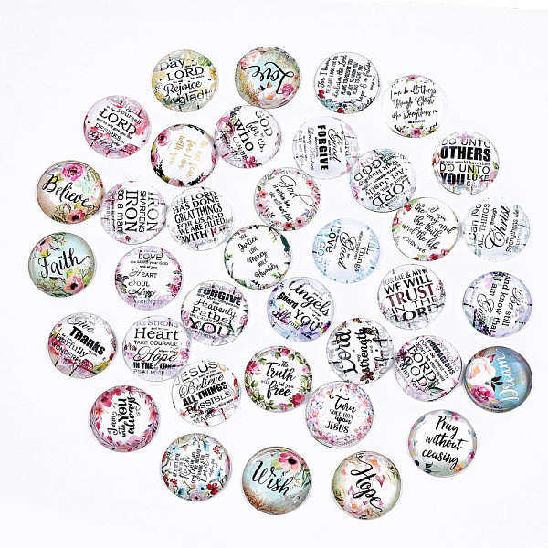

PandaHall Glass Cabochons, Half Round with Word, Word, 25x7.5mm, 37pcs/set Glass Word Multicolor