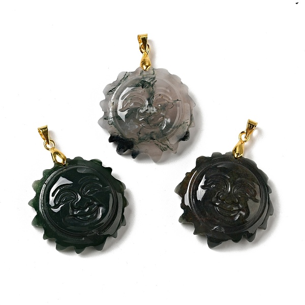 

PandaHall Natural Moss Agate Pendants, with Golden Tone Brass Findings, Lead Free & Cadmium Free, Sun with Smiling Face, 36x29~29.5x9.5mm...