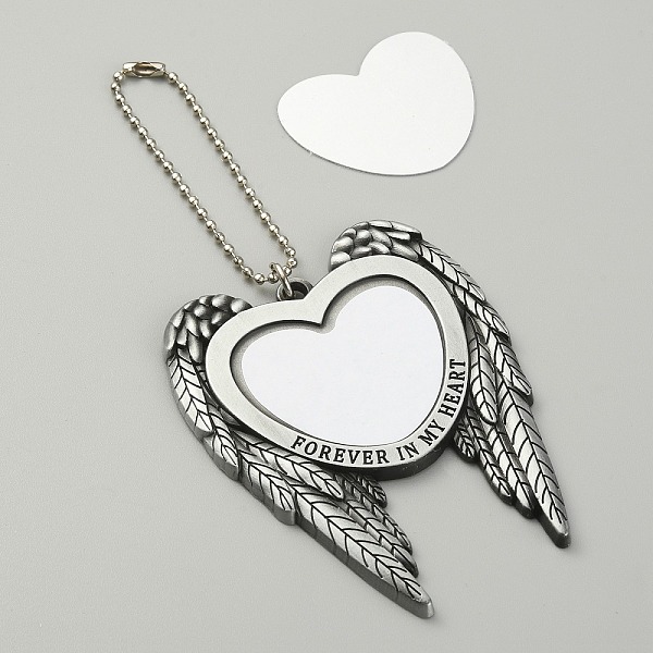 

PandaHall Zinc Alloy Heat Transfer Sublimation Blank Pendant Decorations, with Aluminum Findings, Angel Wings Holding Love Heart Car...