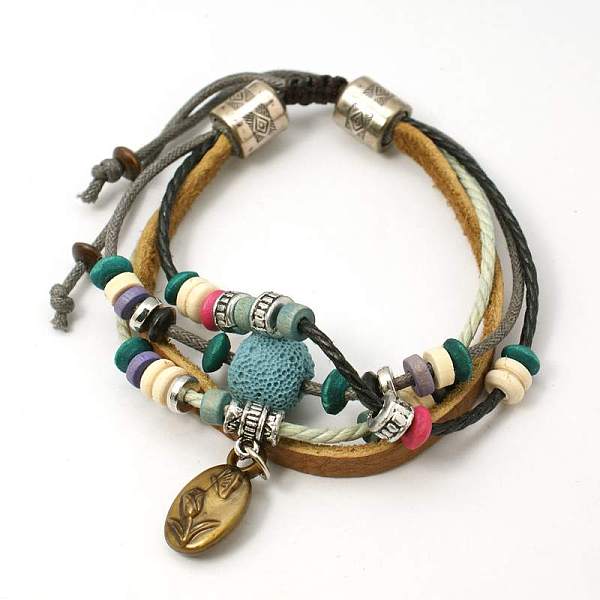 

PandaHall Lava Rock Beads Bracelets, Waxed Cotton Cord and Leather Cord with Alloy Findings and Wood Beads, Light Sky Blue, 46mm Lava Rock...